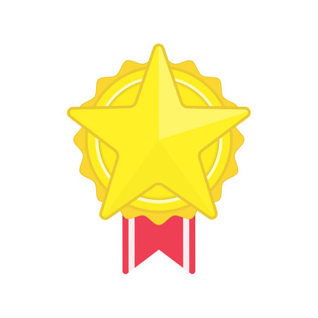 Shiny golden star badge icon with red ribbon.のイラスト素材