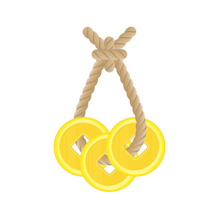 Gold chinese coins on rope. Talisman for wealth and prosperity.のイラスト素材