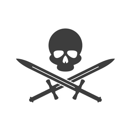 Black skull and crossed swords icon. Emblem of Pirate.のイラスト素材