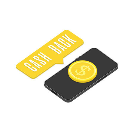 Cash back isometric vector illustration. Gold coins on smartphone. Cashback money, online service concept. Commerce or transfer payments mobile apps. EPS 10.のイラスト素材