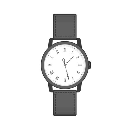 Black wrist watches with strap in classic design. Isolated clocks icon in flat style. Collection realistic watch on a white background.のイラスト素材