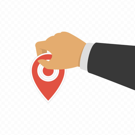 Hand holding red navigation pin. Location pointer in hands. Map pins in flat design style. Maps pointer. Vector EPS 10.のイラスト素材