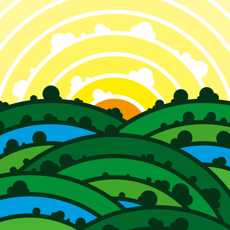 Flat nature background. Summer landscape with sun, clouds, trees and rivers. Cute simple cartoon style. Background for banner, greeting card or poster.のイラスト素材
