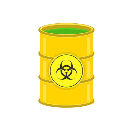Metal barrel with biohazard liquid. Biohazard, radioactive or toxic waste concept. Nuclear fuel in yellow barrel icon.のイラスト素材