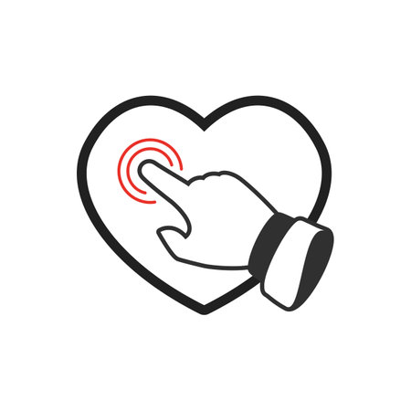 Hand and heart sign for social media, blog, vlog, web, banner, print, card. Click on Heart button with hand pointer clicking.のイラスト素材