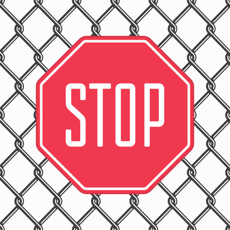 Seamless chain link fence background with stop sign. Fences made of metal wire mesh on transparent...