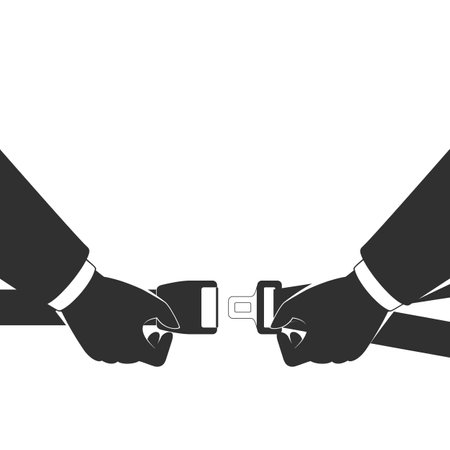 A man fasten buckle of safety belts hands. Illustration of Seat Belt for protection. Hands locking seat belt. The safety equipment for car or plane.のイラスト素材