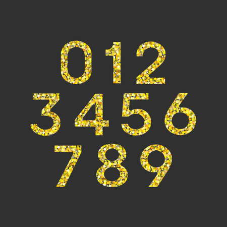 Gold glittering number set. Shining golden numbers. Luxury Golden Glitter elegant celebration design for decoration wedding, anniversary, party, label, headline.のイラスト素材