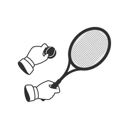 Tennis racket and ball held in hands, ready for a serve. Perfect for sports design, training visuals, or tennis-themed illustrations.のイラスト素材
