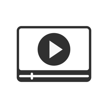 Icon of a video player interface showing a play button within a screen frame. Represents media playback, video content, streaming or digital media controls.のイラスト素材