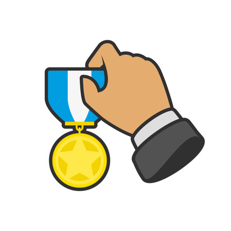 Vector icon of a hand holding a medal with ribbon, signifying reward, recognition, and success. Minimalist style ideal for achievement, award, or honor themes.のイラスト素材