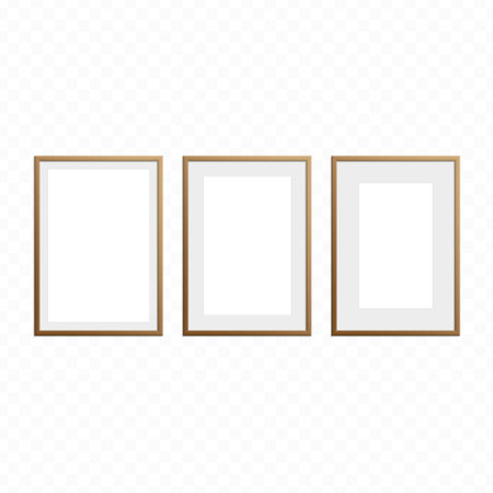 Realistic wooden photo frames in natural brown tones with visible grain and shadow. Ideal for gallery mockups, interior decor, or photography display purposes.のイラスト素材