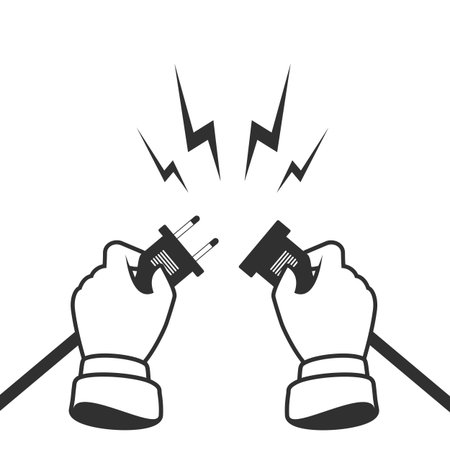 Hands disconnecting electrical plug. Business connection concept. Partnership. Two hands trying to disconnect electric plug together. Vector illustration in flat style.のイラスト素材