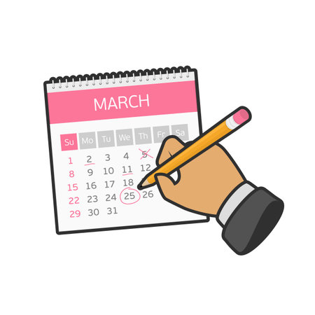 Hand with pencil mark calendar. Week started on Sunday. Important event. Flat style concept for web banners, web sites, printed materials, infographics.のイラスト素材