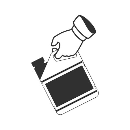 Canister with gasoline or motor oil in car mechanic hands. Replacement Motor Oil or refueling fuel concept.のイラスト素材