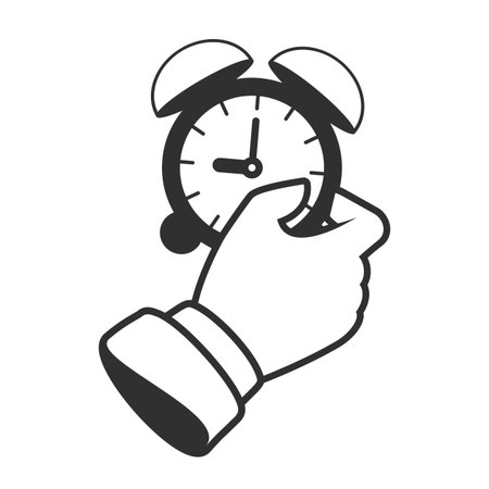 Black and white vector illustration of a hand holding an alarm clock. Minimalist style symbolizing time, urgency, deadline, or punctuality in simple graphic form.のイラスト素材