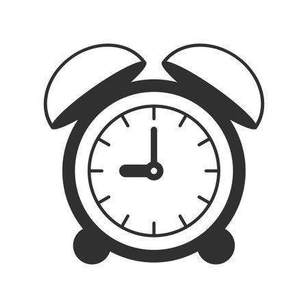 Minimalist black and white vector image of an alarm clock. Simple, clean design suitable for time, deadline, or schedule-related graphics and icons.のイラスト素材