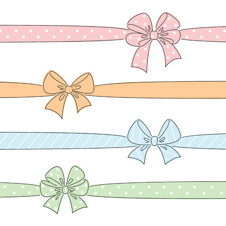 Sketch bows and ribbons colored in red, orange, blue, green. Hand drawn graphic elements for your designのイラスト素材