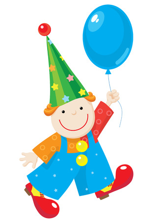 Illustration of a cheery clown in stars and circles costume, red shoes and stars hat. Clown hold up blue balloon and smile.のイラスト素材
