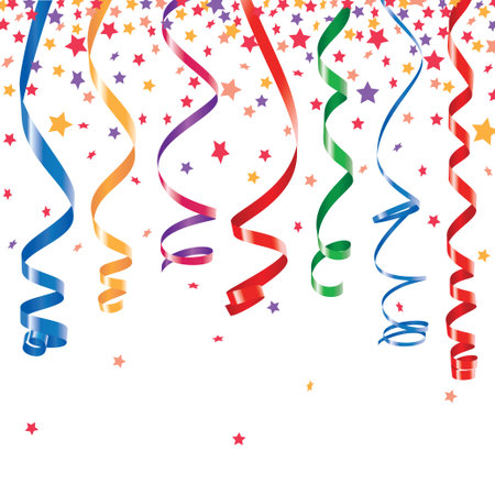 Red, green, yellow, blue shiny curling ribbons or party serpentine with stellar confettiのイラスト素材