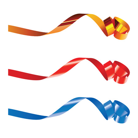 Gold, red and blue curling ribbons isolated on white for designのイラスト素材