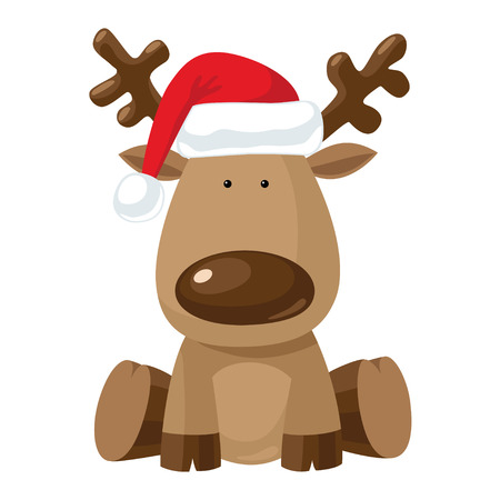Reindeer child sitting in Christmas red hat.のイラスト素材