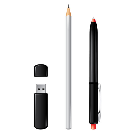 Usb flash drive or modem, pencil and pen vector set isolated on white. のイラスト素材