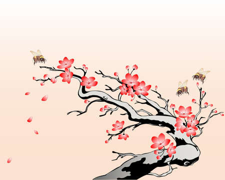 flowering cherry branch with flying beesのイラスト素材