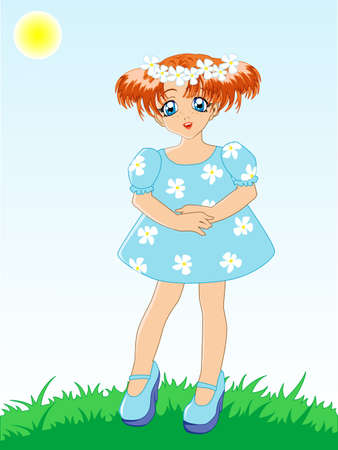 little girl in blue dress in a chaplet from camomilesのイラスト素材