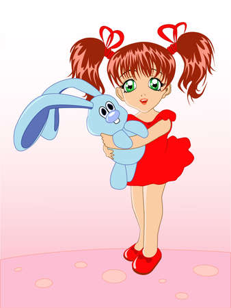 little girl with a toy rabbit in hands on a pink backgroundのイラスト素材