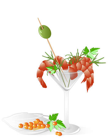 shrimps and red caviar  in a crystal tableware with leaves of parsley, olive and dillのイラスト素材