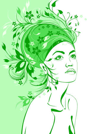 spring girl with a hair from floral decorative patternのイラスト素材