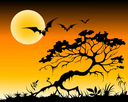 halloween background with bats and silhouette of tree by moon nightのイラスト素材