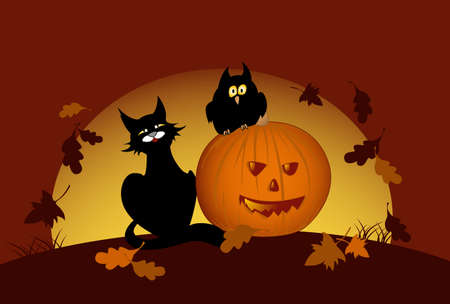 halloween pumpkin, owl and black cat by moon nightのイラスト素材