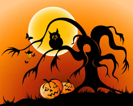 halloween background with pumpkin, owl and silhouette of tree by moon nightのイラスト素材