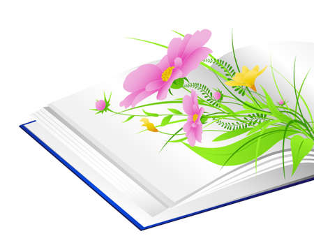 open book with pink flowers and green grass on a white backgroundのイラスト素材
