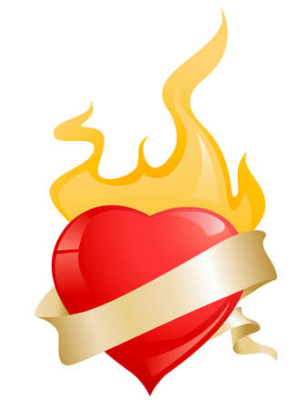 glossy red hearts with ribbon and fire for valentine's dayのイラスト素材