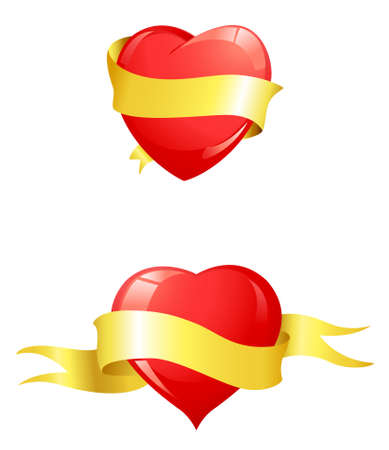 glossy red hearts with yellow ribbon for valentine's dayのイラスト素材