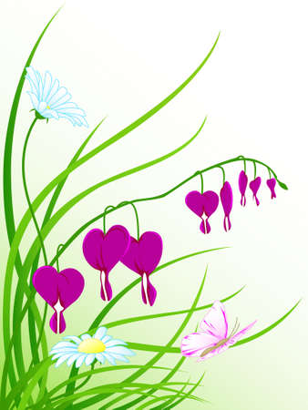 floral background with green grass, camomile flowers and flying  butterflyのイラスト素材