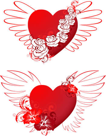 red hearts with floral ornament and wings for Valentine's dayのイラスト素材