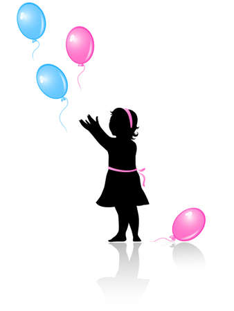 silhouette of  little girl with flying colored balloons on a white backgroundのイラスト素材