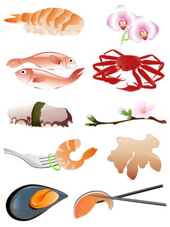 seafood and other traditional japanese food iconsのイラスト素材