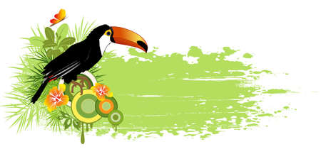 summer banner with tropical bird, palms and grunge effectのイラスト素材