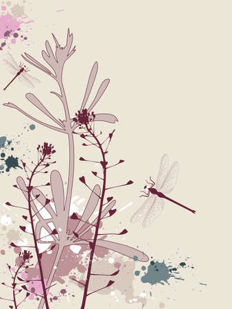 Background with flowers,dragonfly and grunge effectのイラスト素材