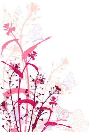 Background with red flowers,butterflies and grunge effectのイラスト素材