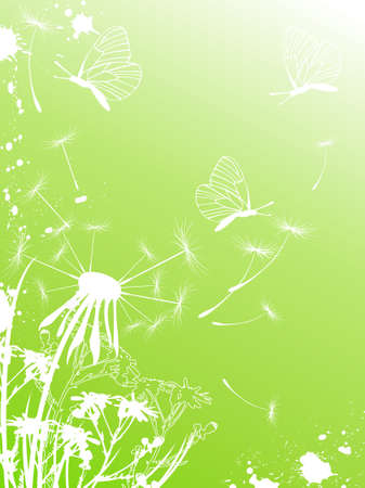 Green background with butterflies, dandelion and blotsのイラスト素材