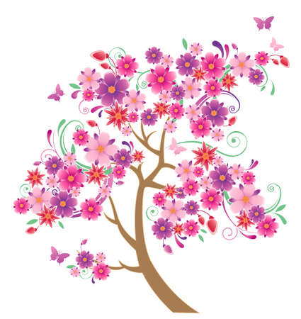 flowering tree and butterflies on a  white backgroundのイラスト素材