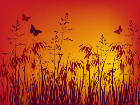 sunset background with grass and flowersのイラスト素材