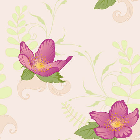 floral seamless pattern with violet flowers and ornamentのイラスト素材