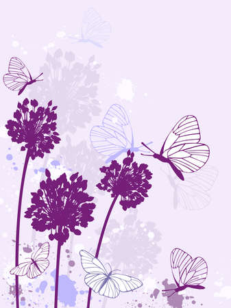 violet floral background with butterflies and blotsのイラスト素材